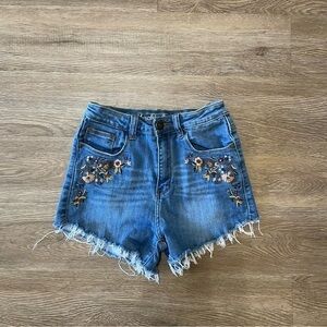 Machine Embroidered High Rise Raw Hem Blue Floral Denim Cut Off Shorts Small